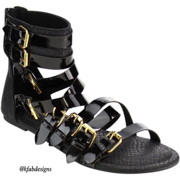 KFab Designs Shoes - NEW! Strappy Black Zipper Textured Gladiator Flat
Sandal with Gold Tone Buckles!